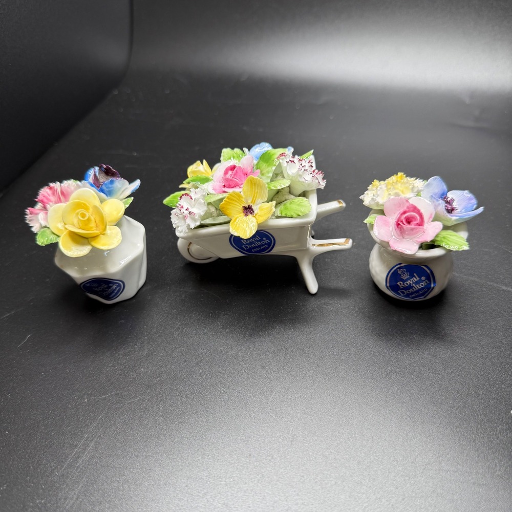 Royal Doulton Bone China Miniature Floral Set Wheelbarrow Vase Pot Made England - Picture 1 of 10